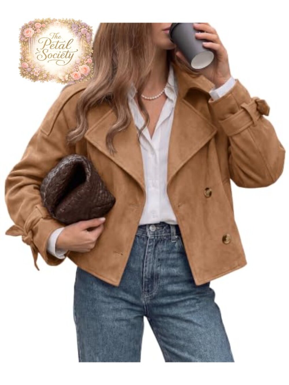 Faux Suede Cropped Trench Coat Double Breasted Jacket Tie Cuffs